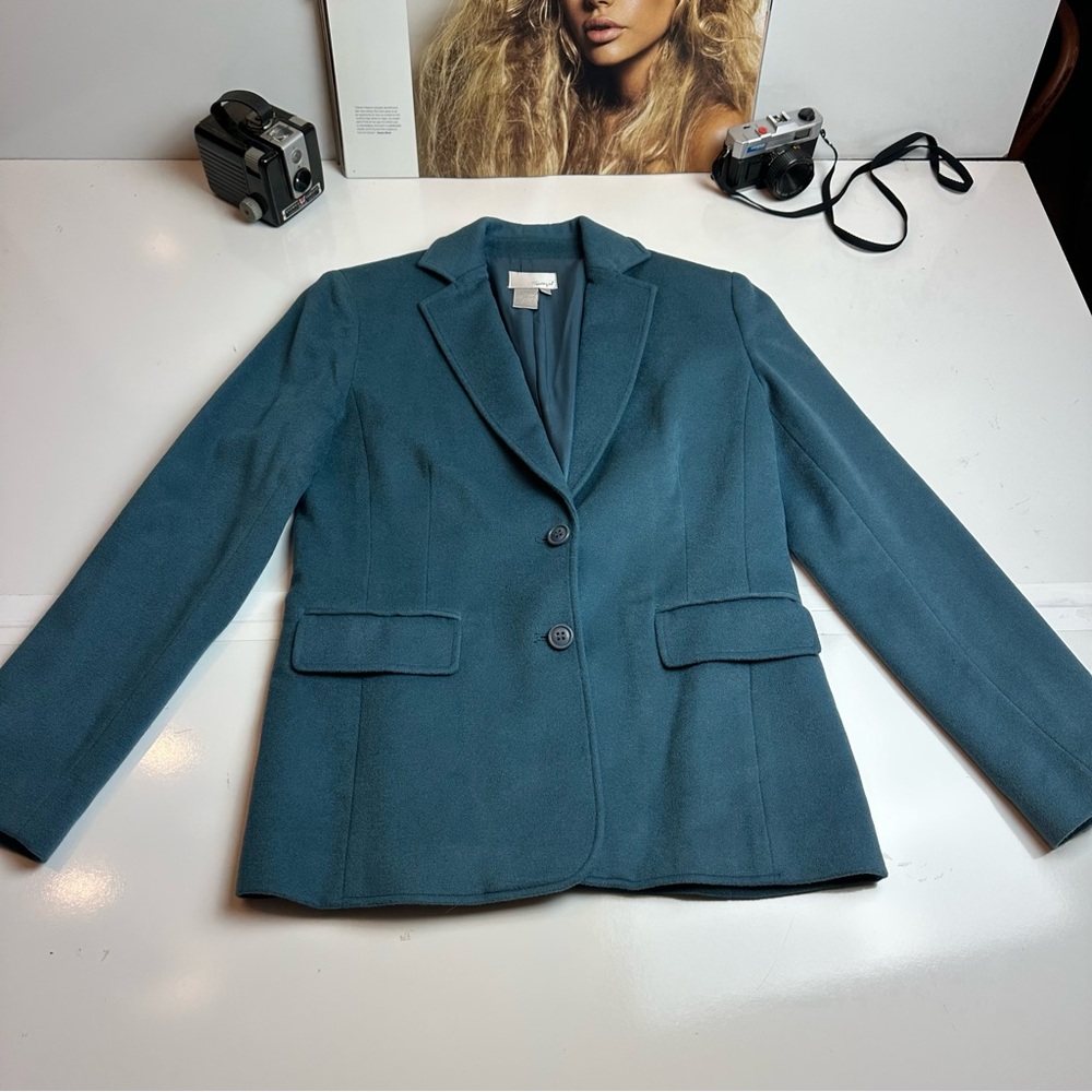 Vintage Spiegel Wool Cashmere Blazer Sz 8 Teal Y2K Tailored Quiet Luxury